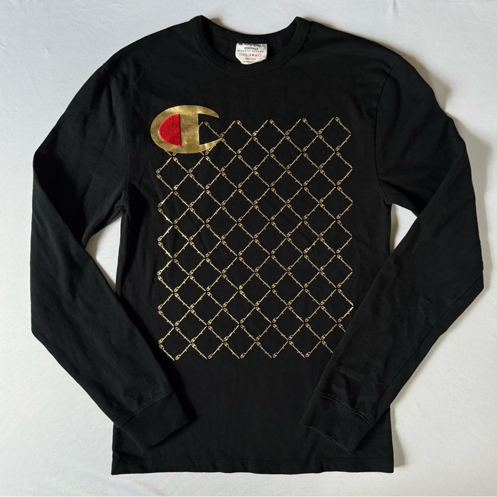 Rare Champion Heritage Long Sleeve Tee Black Gold Chain Pattern Size Small